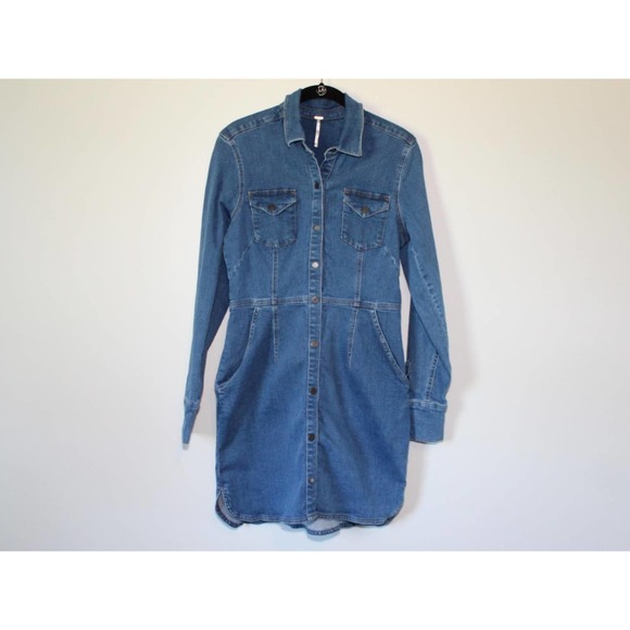 Free People Dynomite Denim Mini Shirt Dress Retro 70's Western Medium H14890 - Picture 2 of 15